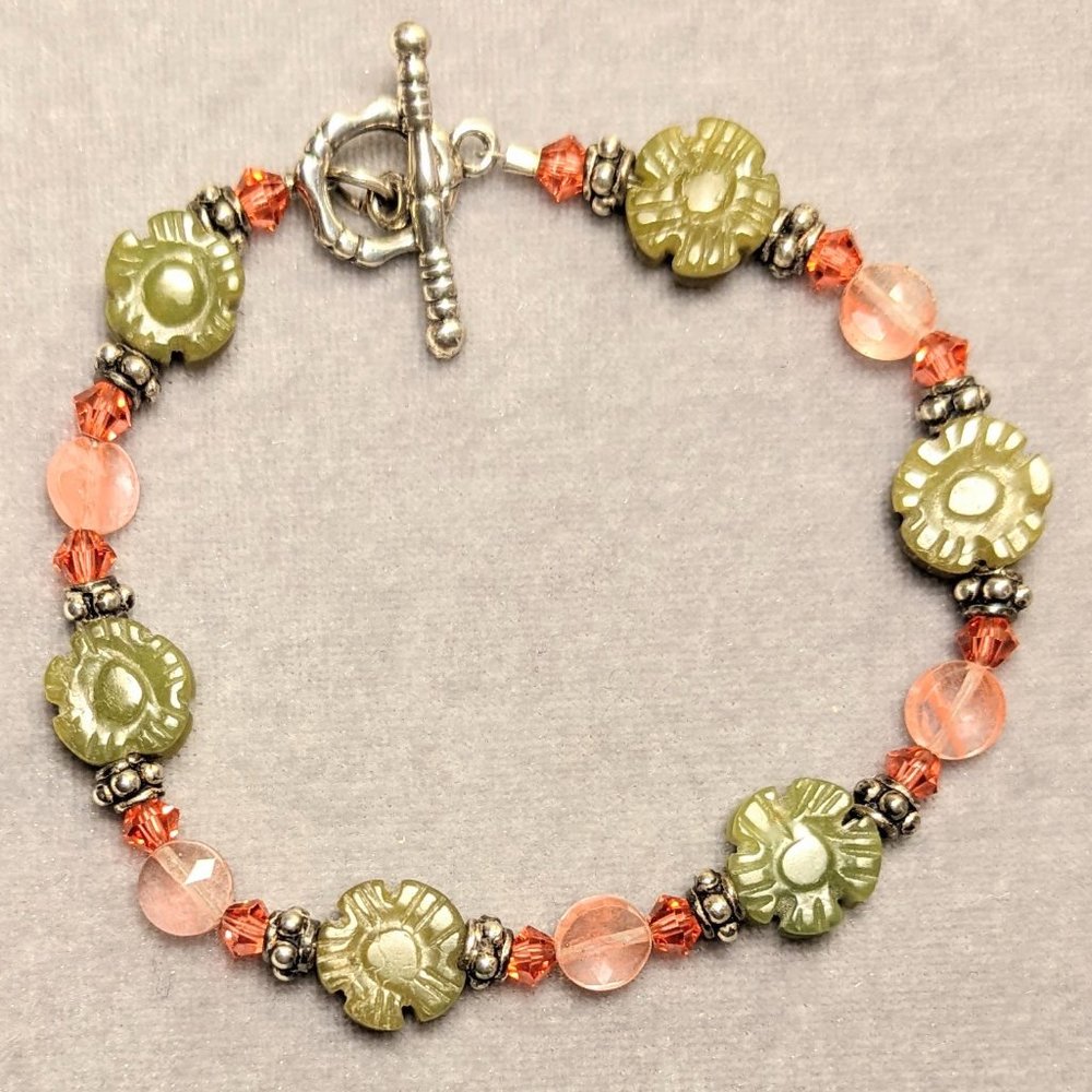 Bracelet with Jade, Strawberry Quartz, Swarovski Crystals, and Sterling Silver